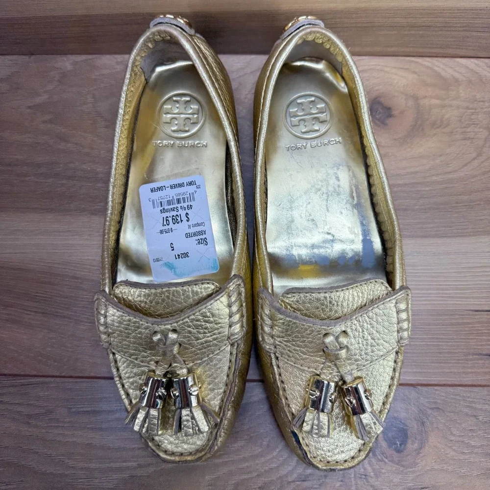 Tory Burch Lawrence Gold Flats Womens‎ 5 Tassel Loafers